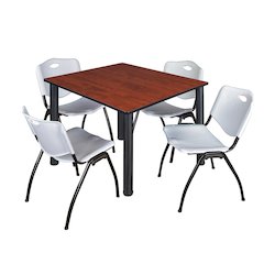 48 in Square Breakroom Table- Cherry Top, Black Legs, 4 M Stack Chairs- Grey