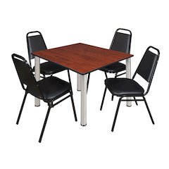 48 in Square Breakroom Table- Cherry Top, Chrome Legs, 4 Restaurant Stack Chairs