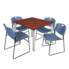 48 in Square Breakroom Table- Cherry Top, Chrome Legs, 4 Zeng Stack Chairs- Blue