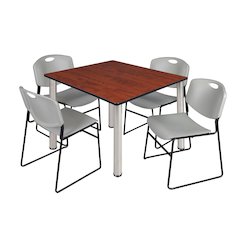 48 in Square Breakroom Table- Cherry Top, Chrome Legs, 4 Zeng Stack Chairs- Grey
