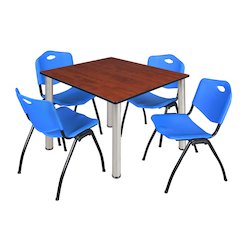 48 in Square Breakroom Table- Cherry Top, Chrome Legs, 4 M Stack Chairs- Blue