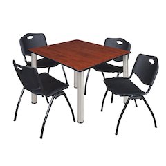 48 in Square Breakroom Table- Cherry Top, Chrome Legs, 4 M Stack Chairs- Black