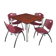 48 Square Breakroom Table- Cherry Top, Chrome Legs, 4 M Stack Chairs- Burgundy