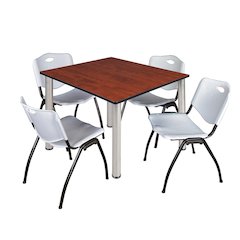 48 in Square Breakroom Table- Cherry Top, Chrome Legs, 4 M Stack Chairs- Grey