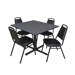 48 in. Square X-Base Breakroom Table- Grey & 4 Restaurant Stack Chairs- Black