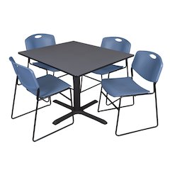 48 in. Square X-Base Breakroom Table- Grey & 4 Zeng Stack Chairs- Blue