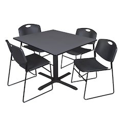 48 in. Square X-Base Breakroom Table- Grey & 4 Zeng Stack Chairs- Black