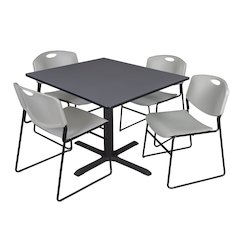 48 in. Square X-Base Breakroom Table- Grey & 4 Zeng Stack Chairs- Grey