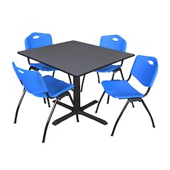 48 in. Square X-Base Breakroom Table- Grey & 4 M Stack Chairs- Blue