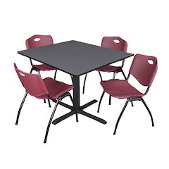 48 in. Square X-Base Breakroom Table- Grey & 4 M Stack Chairs- Burgundy