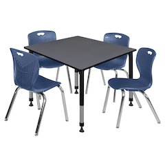 48 Square Adjustable Classroom Table- Grey & 4 Andy 18 Stack Chairs- Blue