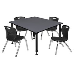 48 Square Adjustable Classroom Table- Grey & 4 Andy 12 Stack Chairs- Black
