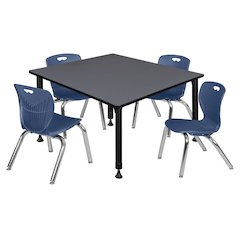 48 Square Adjustable Classroom Table- Grey & 4 Andy 12 Stack Chairs- Blue