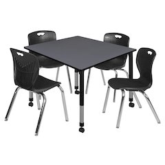 48 Square Mobile Classroom Table- Grey & 4 Andy 18 Stack Chairs- Black
