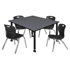 48 Square Mobile Classroom Table- Grey & 4 Andy 12 Stack Chairs- Black