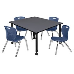 48 Square Mobile Adjustable Classroom Table- Grey & 4 Andy 12 Stack Chairs- Blue
