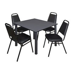48 in Square Breakroom Table- Grey Top, Black Legs, 4 Restaurant Stack Chairs