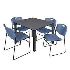 48 in Square Breakroom Table- Grey Top, Black Legs, 4 Zeng Stack Chairs- Blue