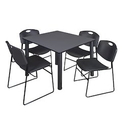 48 in Square Breakroom Table- Grey Top, Black Legs, 4 Zeng Stack Chairs- Black