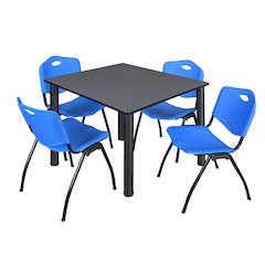48 in Square Breakroom Table- Grey Top, Black Legs, 4 M Stack Chairs- Blue