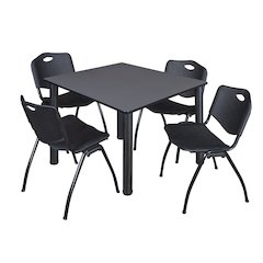 48 in Square Breakroom Table- Grey Top, Black Legs, 4 M Stack Chairs- Black