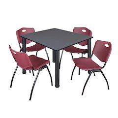 48 in Square Breakroom Table- Grey Top, Black Legs, 4 M Stack Chairs- Burgundy