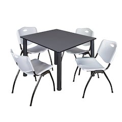 48 in Square Breakroom Table- Grey Top, Black Legs, 4 M Stack Chairs- Grey