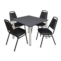 48 in Square Breakroom Table- Grey Top, Chrome Legs, 4 Restaurant Stack Chairs