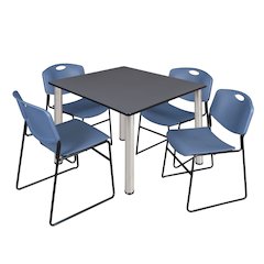 48 in Square Breakroom Table- Grey Top, Chrome Legs, 4 Zeng Stack Chairs- Blue
