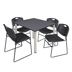 48 in Square Breakroom Table- Grey Top, Chrome Legs, 4 Zeng Stack Chairs- Black