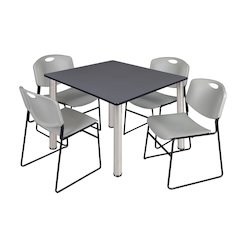 48 in Square Breakroom Table- Grey Top, Chrome Legs, 4 Zeng Stack Chairs- Grey