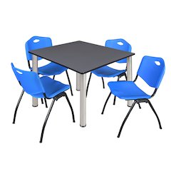 48 in Square Breakroom Table- Grey Top, Chrome Legs, 4 M Stack Chairs- Blue