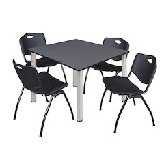 48 in Square Breakroom Table- Grey Top, Chrome Legs, 4 M Stack Chairs- Black