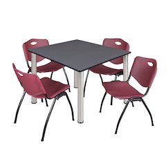 48 in Square Breakroom Table- Grey Top, Chrome Legs, 4 M Stack Chairs- Burgundy