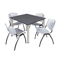 48 in Square Breakroom Table- Grey Top, Chrome Legs, 4 M Stack Chairs- Grey