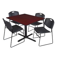 48 in. Square X-Base Breakroom Table- Mahogany & 4 Zeng Stack Chairs- Black