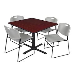 48 in. Square X-Base Breakroom Table- Mahogany & 4 Zeng Stack Chairs- Grey
