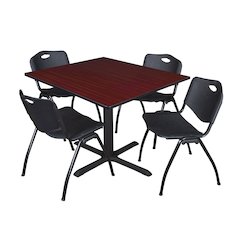 48 in. Square X-Base Breakroom Table- Mahogany & 4 M Stack Chairs- Black