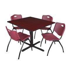 48 in. Square X-Base Breakroom Table- Mahogany & 4 M Stack Chairs- Burgundy