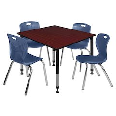 48 Square Adjustable Classroom Table- Mahogany & 4 Andy 18 Stack Chairs- Blue