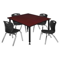 48 Square Adjustable Classroom Table- Mahogany & 4 Andy 12 Stack Chairs- Black