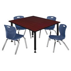 48 Square Adjustable Classroom Table- Mahogany & 4 Andy 12 Stack Chairs- Blue
