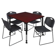 48 Square Mobile Classroom Table- Mahogany & 4 Zeng Stack Chairs- Black