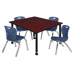 48 Square Mobile Classroom Table- Mahogany & 4 Andy 12 Stack Chairs- Blue