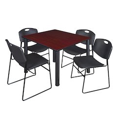 48 Square Breakroom Table- Mahogany Top, Black Legs, 4 Zeng Stack Chairs- Black