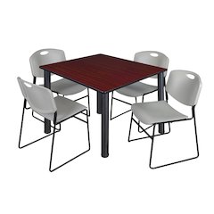 48 Square Breakroom Table- Mahogany Top, Black Legs, 4 Zeng Stack Chairs- Grey