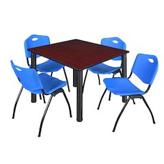 48 in Square Breakroom Table- Mahogany Top, Black Legs, 4 M Stack Chairs- Blue