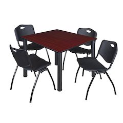 48 in Square Breakroom Table- Mahogany Top, Black Legs, 4 M Stack Chairs- Black