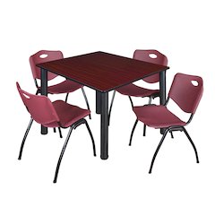 48 Square Breakroom Table- Mahogany Top, Black Legs, 4 M Stack Chairs- Burgundy