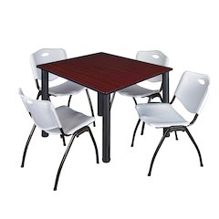 48 in Square Breakroom Table- Mahogany Top, Black Legs, 4 M Stack Chairs- Grey